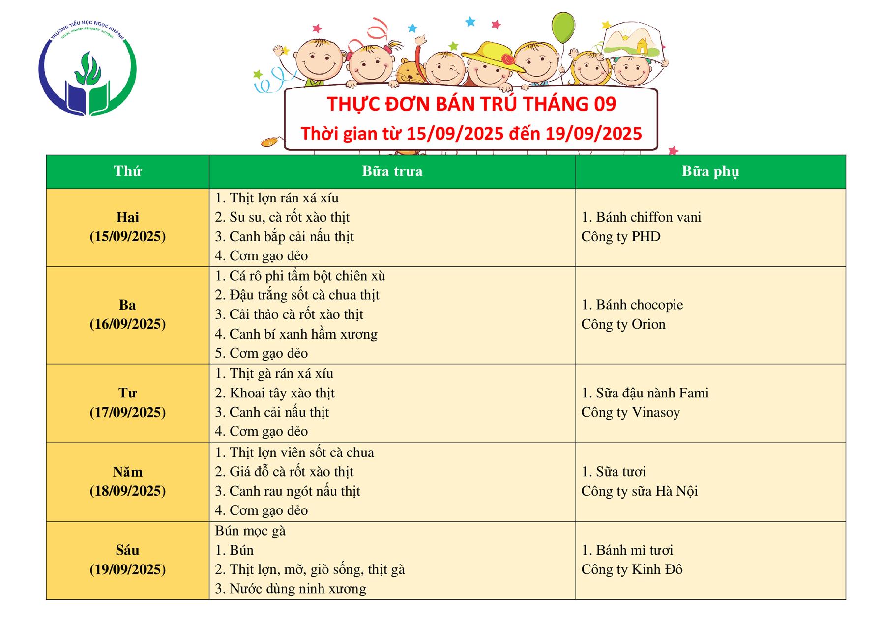 Thực đơn bán trú (Áp dụng từ ngày 15/9/2025 - 19/9/2025)