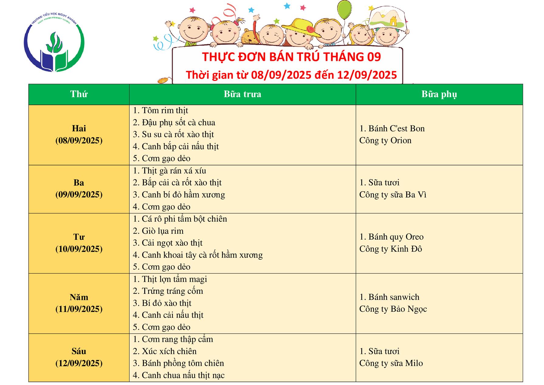 Thực đơn bán trú (Áp dụng từ ngày 8/9/2025 - 12/9/2025)