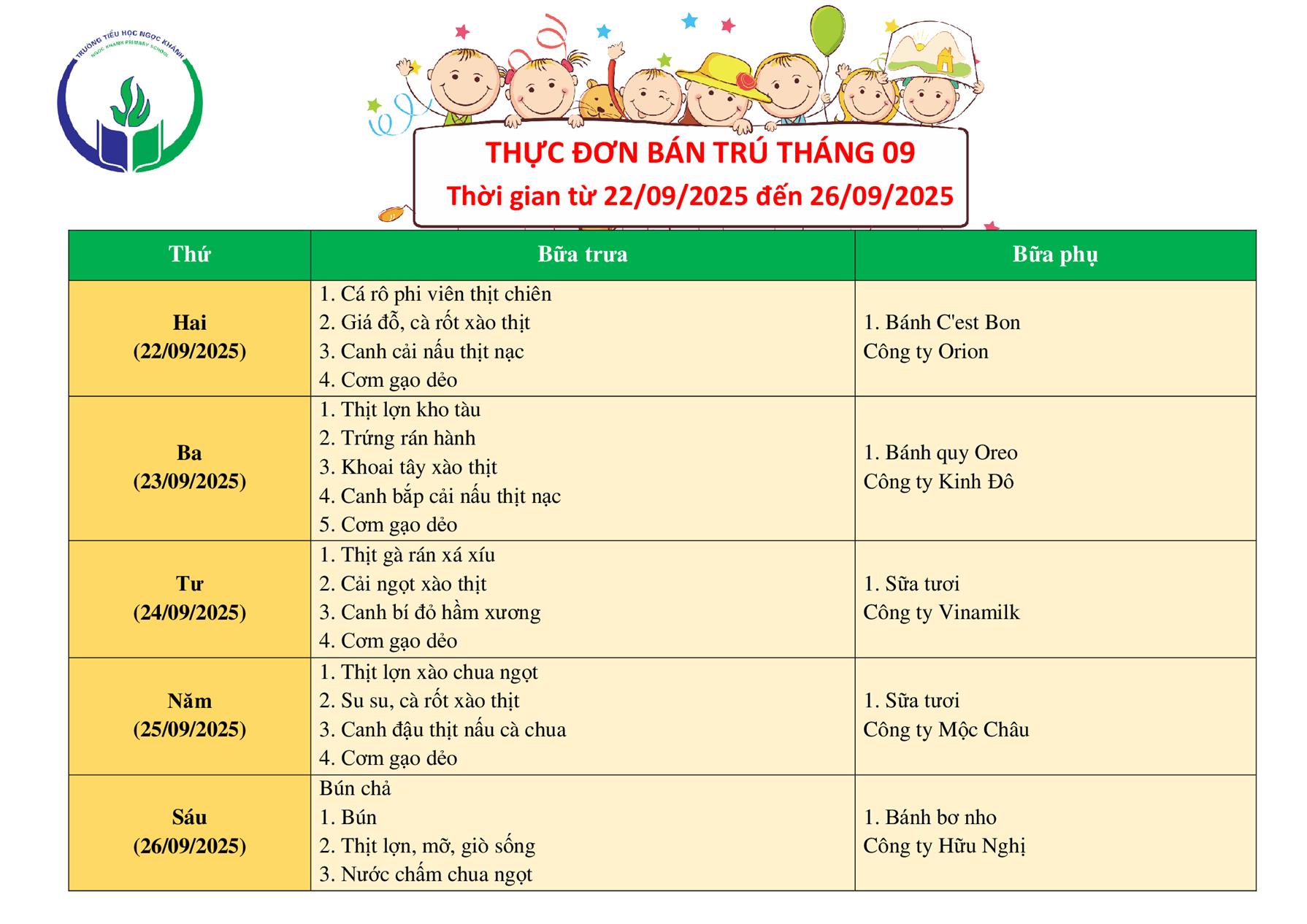 Thực đơn bán trú (Áp dụng từ ngày 22/9/2025 - 26/9/2025)