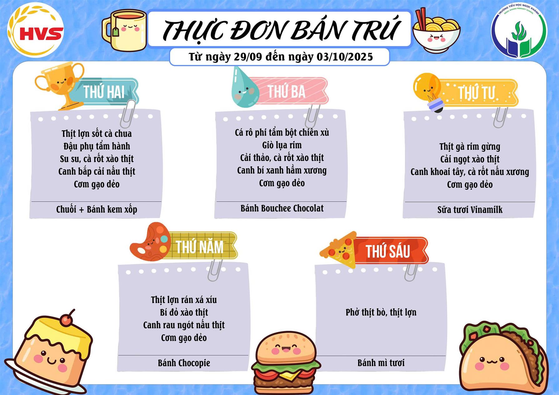 Thực đơn bán trú (Áp dụng từ ngày 29/09/2025 – 03/10/2025)