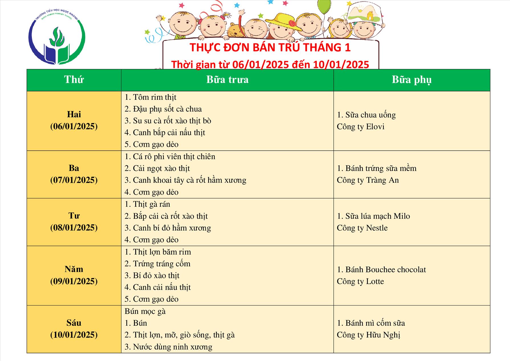 Thực đơn bán trú (Áp dụng từ ngày 06/01/2025 - 10/01/2025)