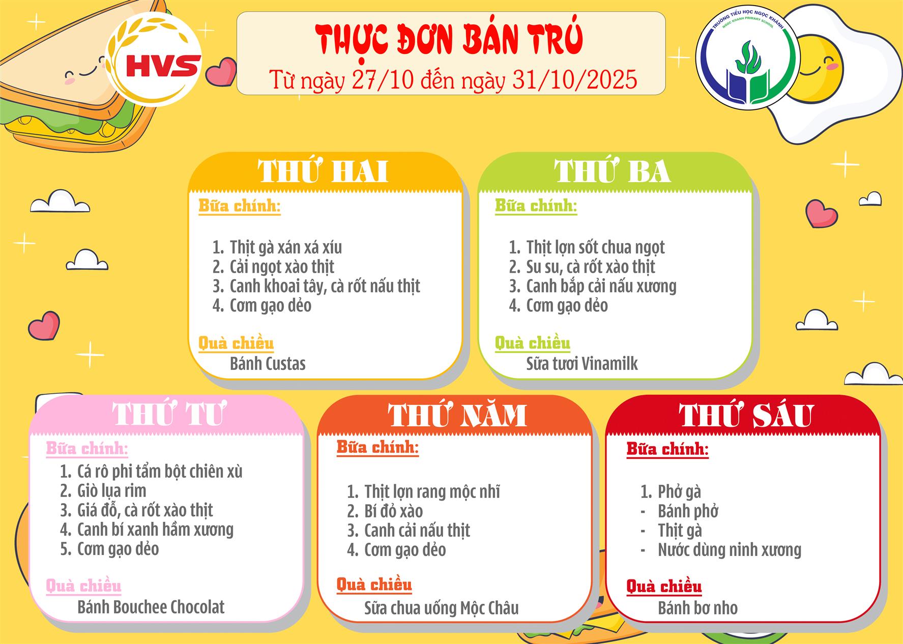 Thực đơn bán trú (Áp dụng từ ngày 27/10/2025 - 31/10/2025)