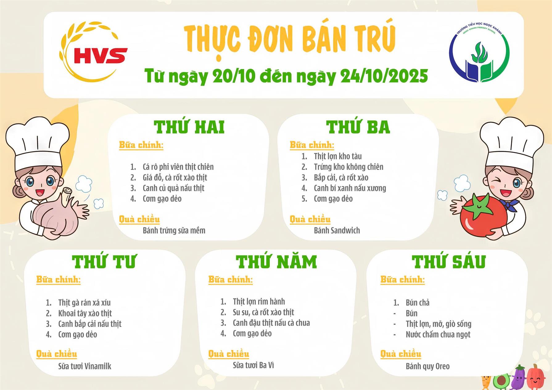 Thực đơn bán trú (Áp dụng từ ngày 20/10/2025 - 24/10/2025)