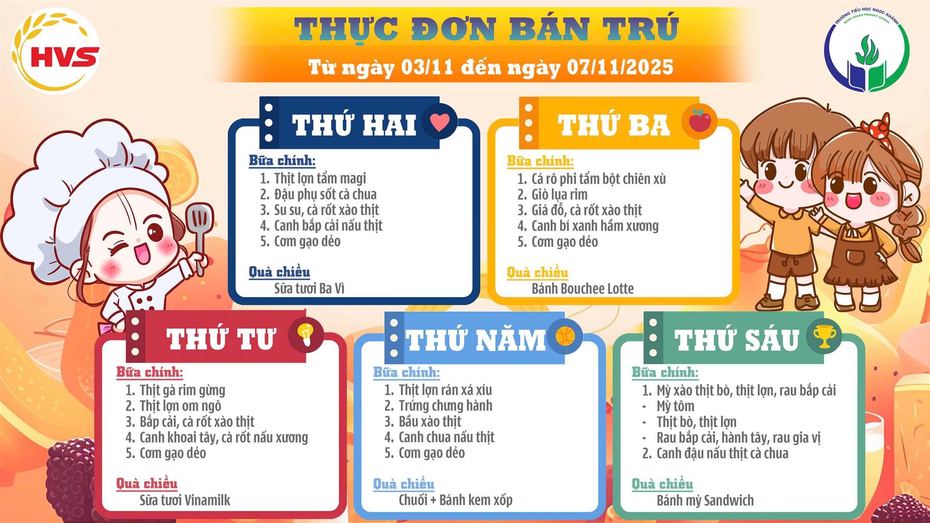 Thực đơn bán trú (Áp dụng từ ngày 03/11/2025 – 07/11/2025)