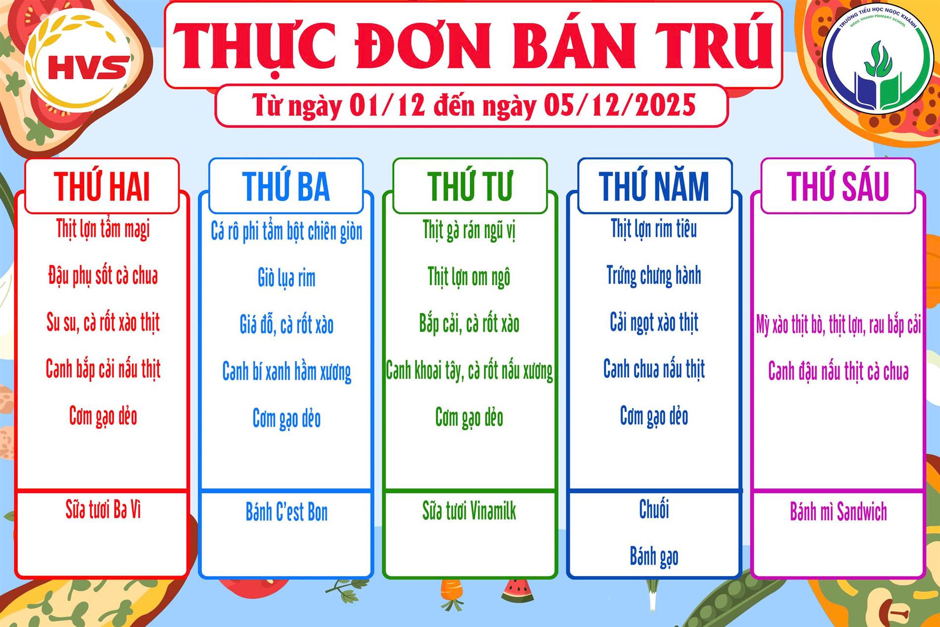 Thực đơn bán trú (Áp dụng từ ngày 01/12/2025 - 05/12/2025)