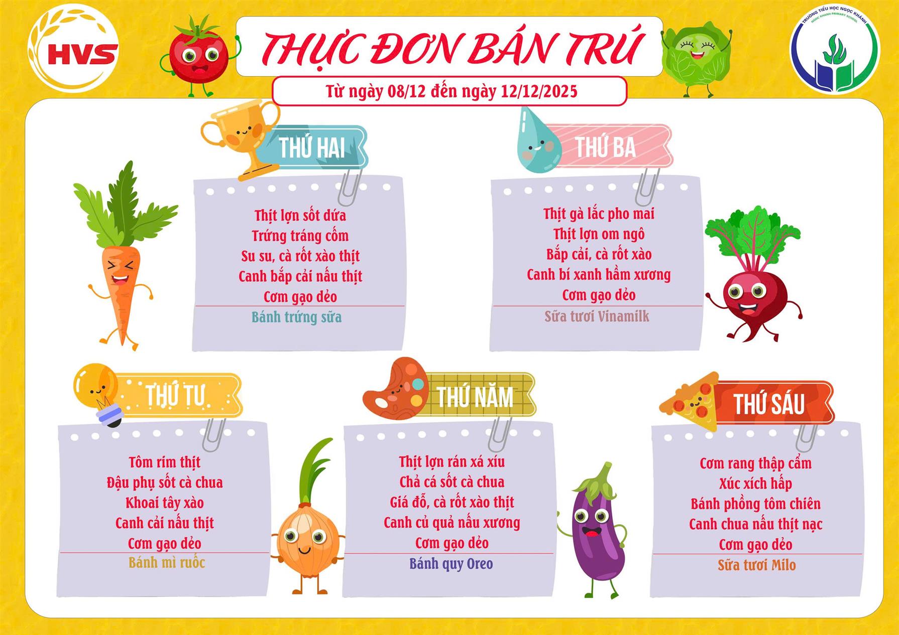 Thực đơn bán trú (Áp dụng từ ngày 08/12/2025 - 12/12/2025)
