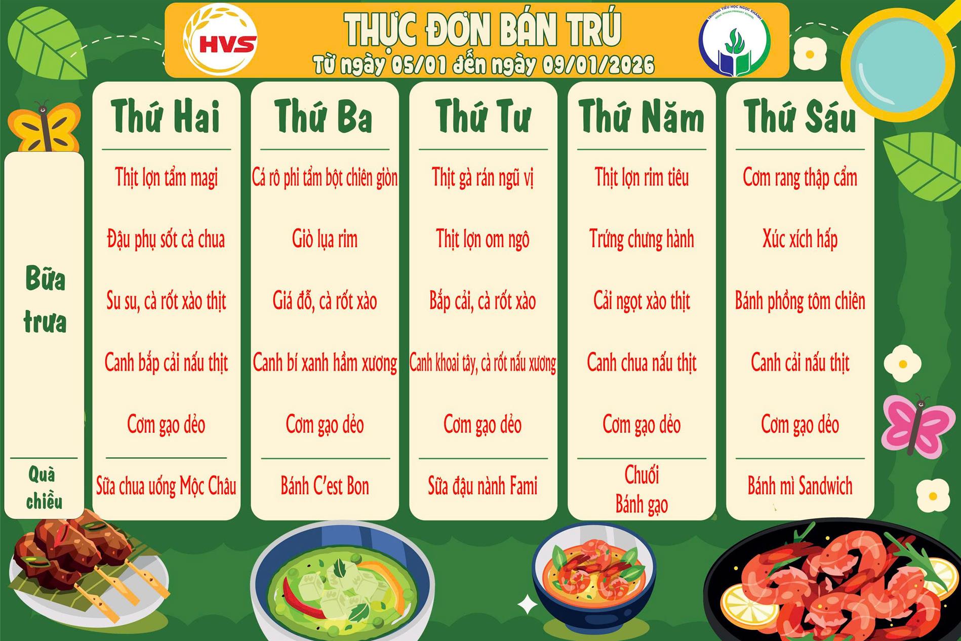 Thực đơn bán trú (Áp dụng từ ngày 05/01/2026 - 09/01/2026)