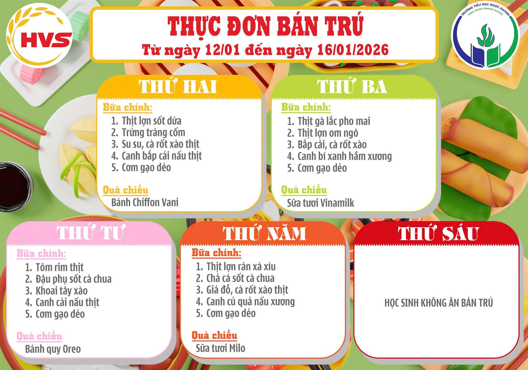 Thực đơn bán trú (Áp dụng từ ngày 12/01/2026 - 16/01/2026)