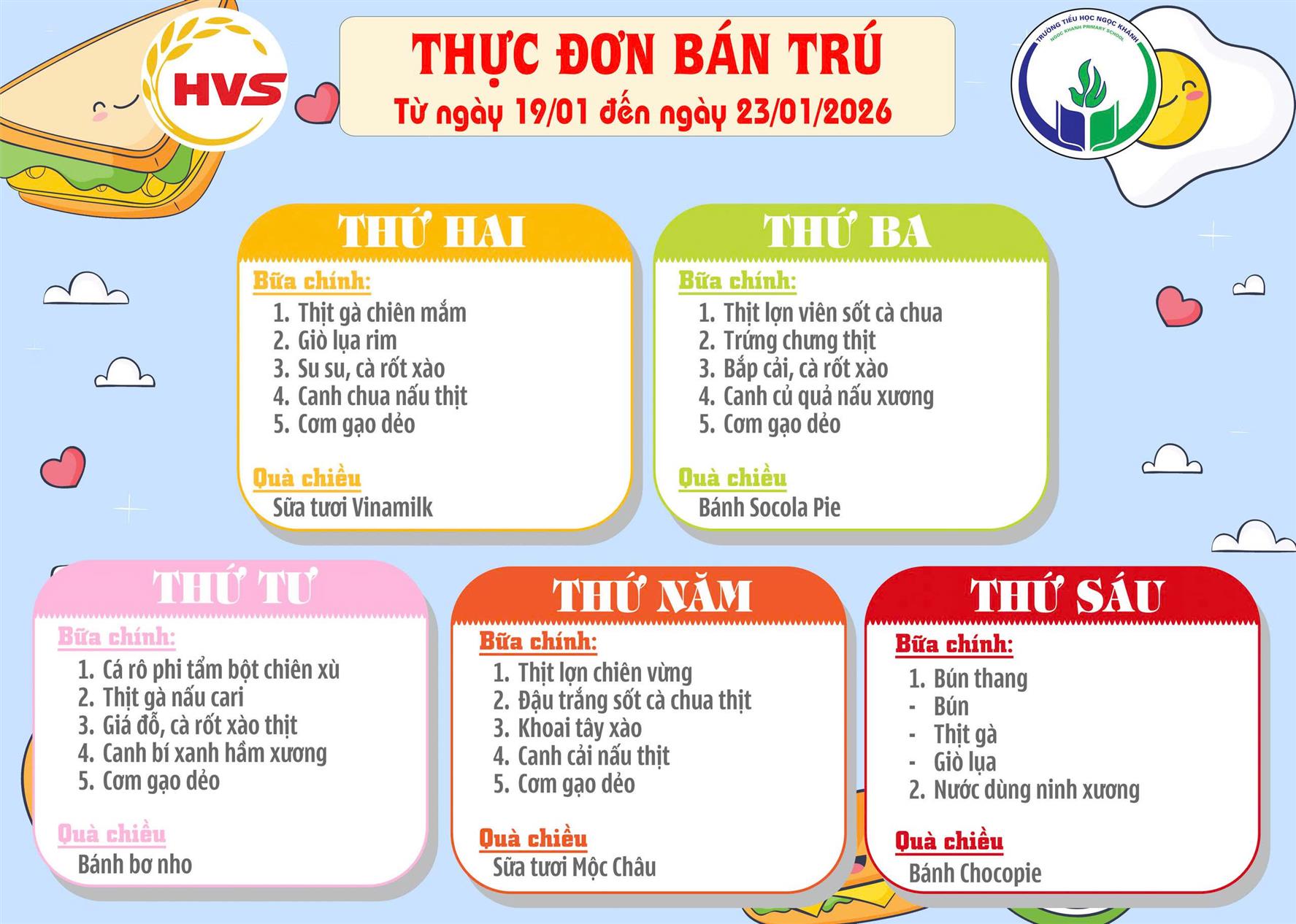 Thực đơn bán trú (Áp dụng từ ngày 19/01/2026 - 23/01/2026)