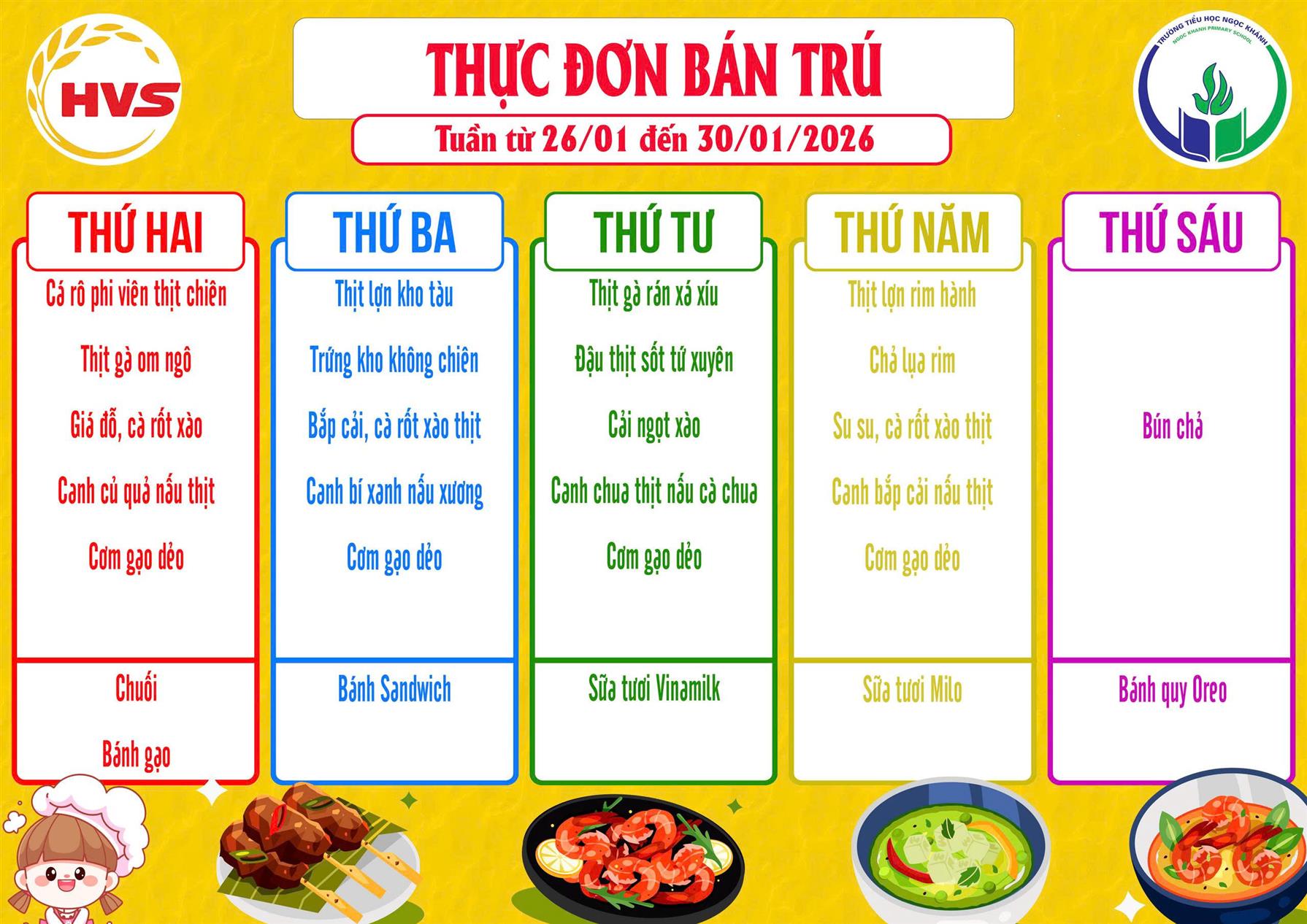 Thực đơn bán trú (Áp dụng từ ngày 26/01/2026 - 30/01/2026)
