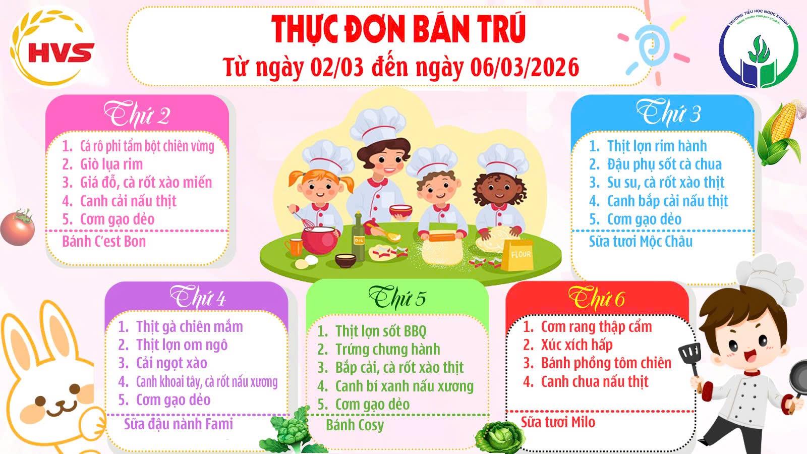 Thực đơn bán trú (Áp dụng từ ngày 02/03/2026 - 06/03/2026)