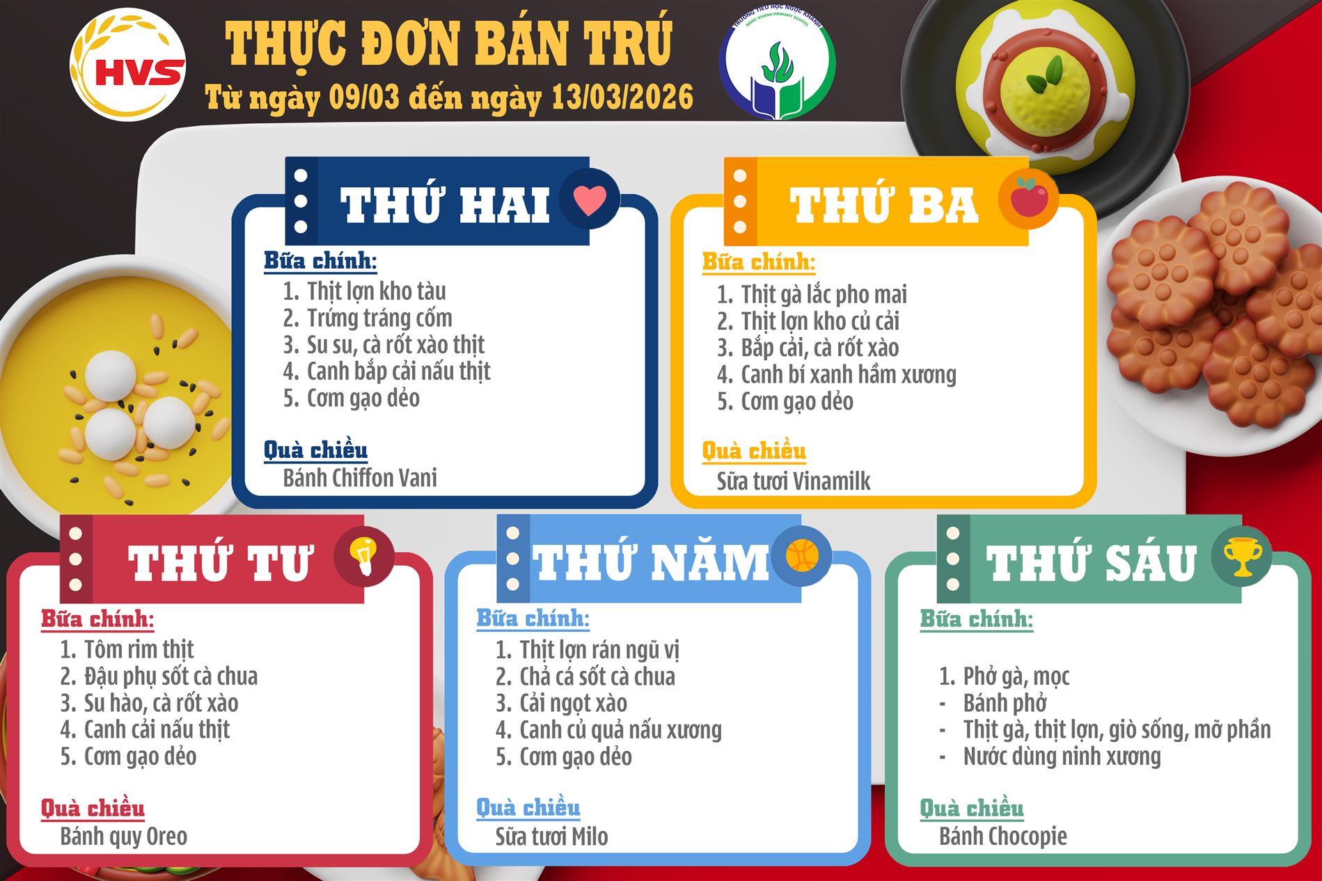 Thực đơn bán trú (Áp dụng từ ngày 09/03/2026 - 13/03/2026)