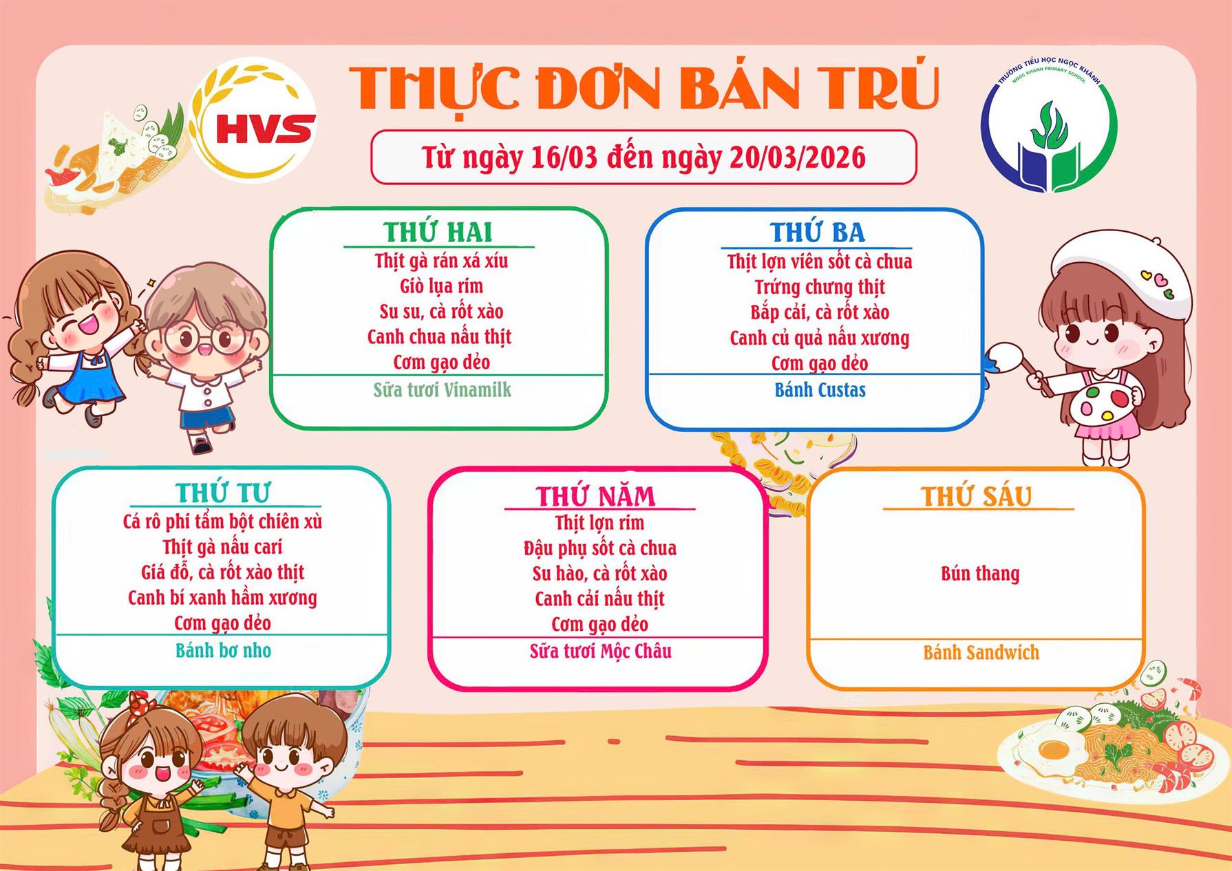Thực đơn bán trú (Áp dụng từ ngày 16/03/2026 - 20/03/2026)