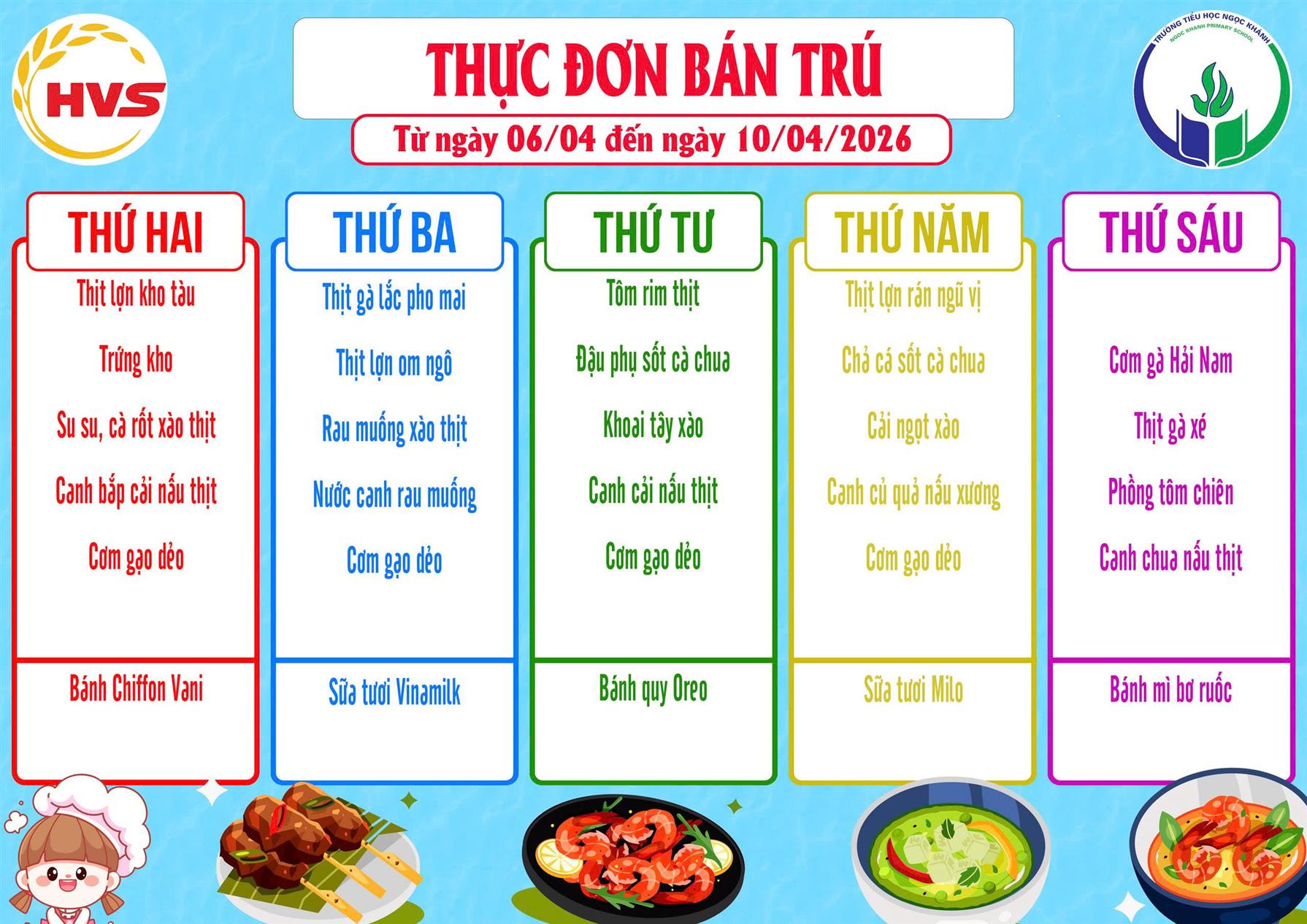 Thực đơn bán trú (Áp dụng từ ngày 06/04/2026 - 10/04/2026)