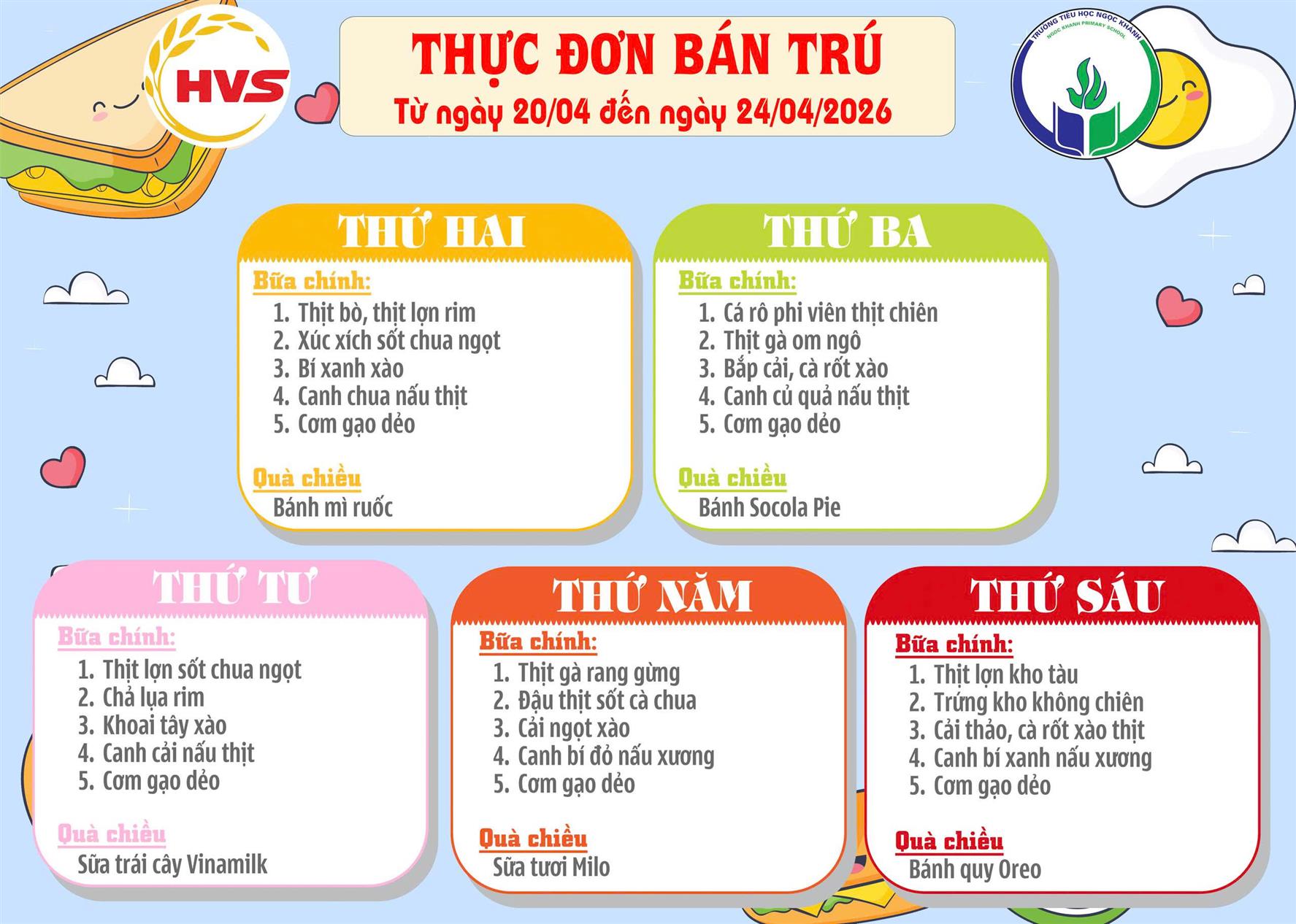 Thực đơn bán trú (Áp dụng từ ngày 20/04/2026 - 24/04/2026)