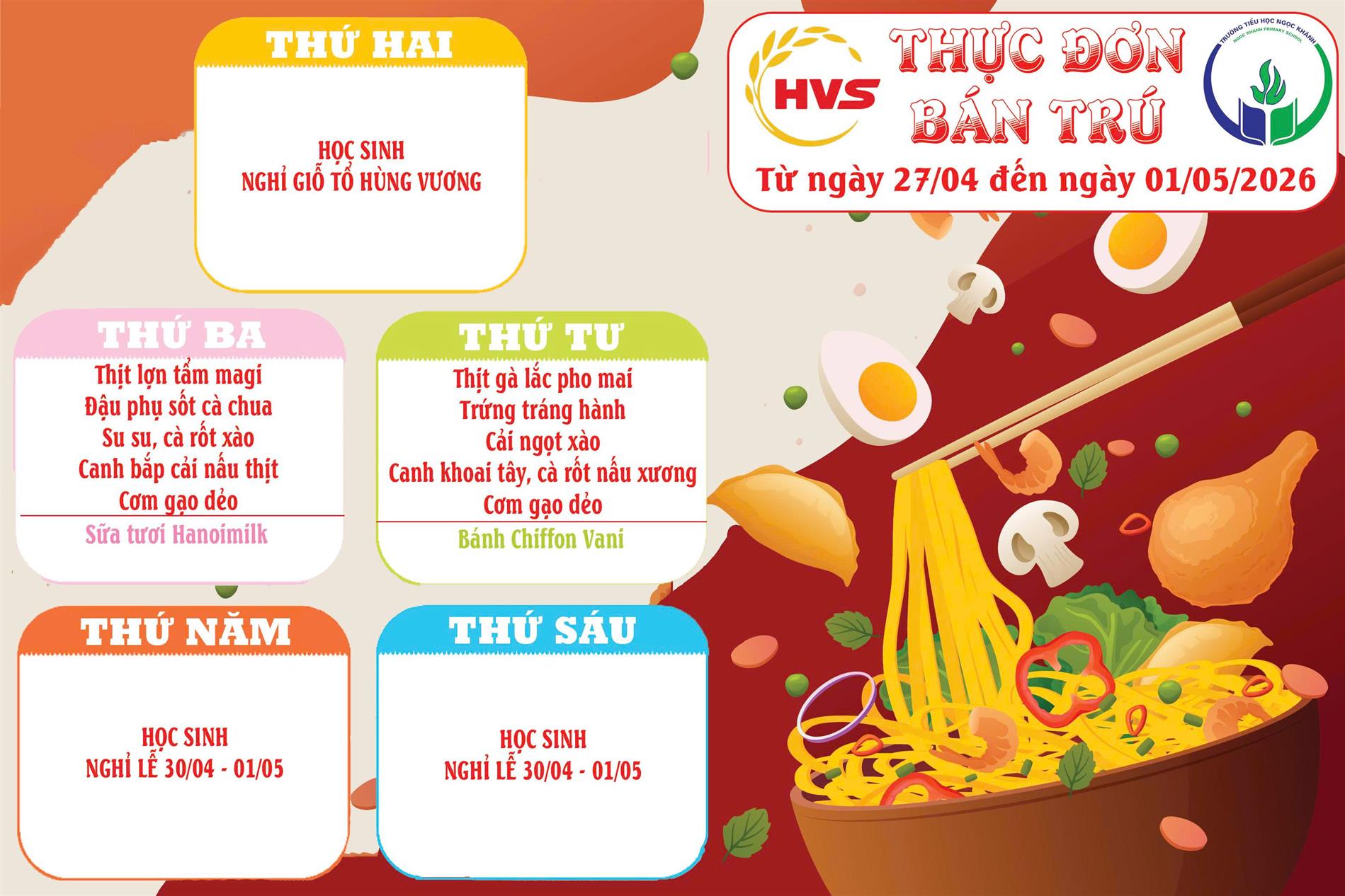 Thực đơn bán trú (Áp dụng từ ngày 27/04/2026 - 01/05/2026)