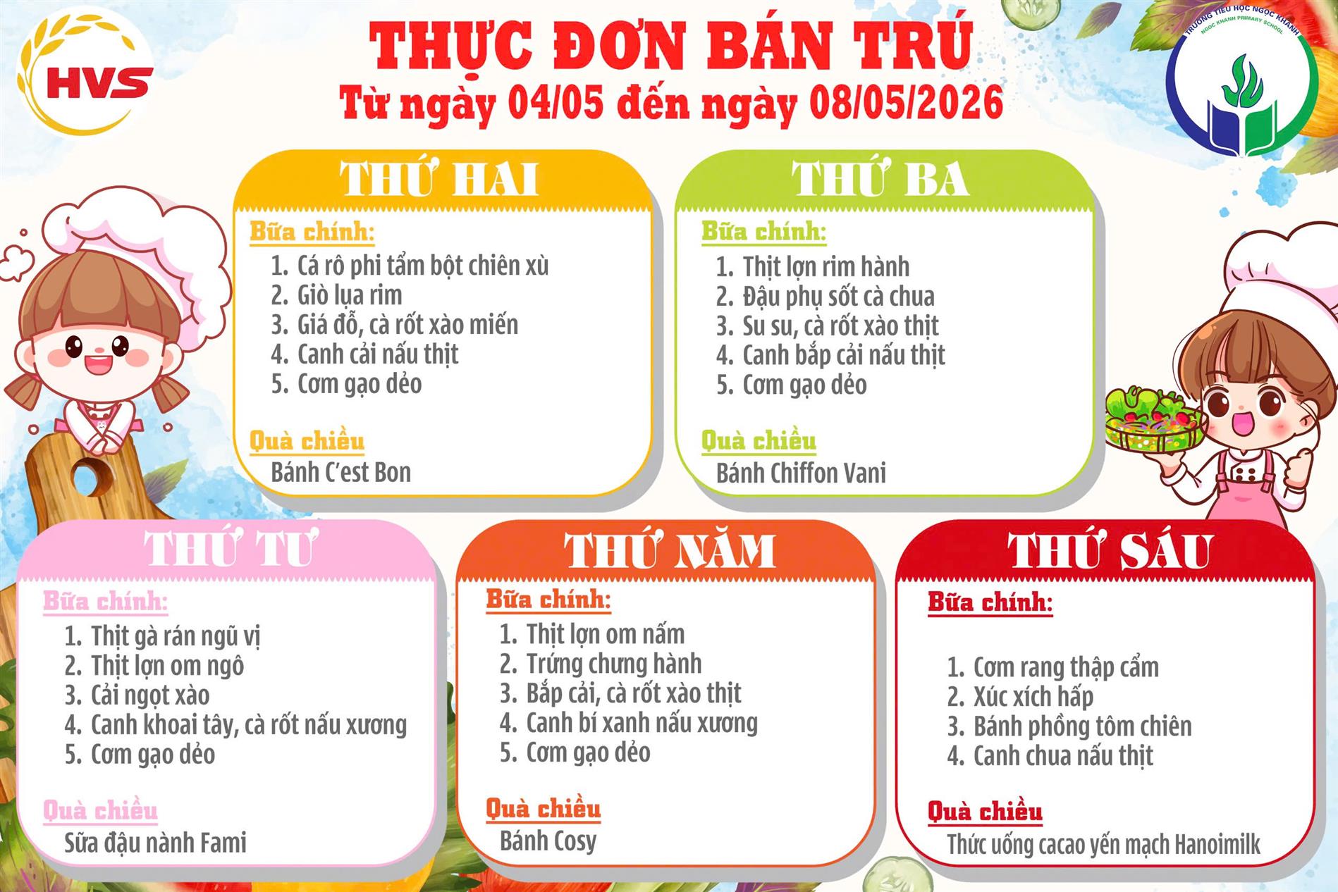 Thực đơn bán trú (Áp dụng từ ngày 04/05/2026 - 08/05/2026)