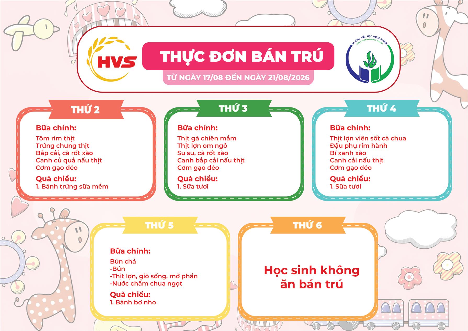 Thực đơn bán trú (Áp dụng từ ngày 17/08/2026 - 21/08/2026)