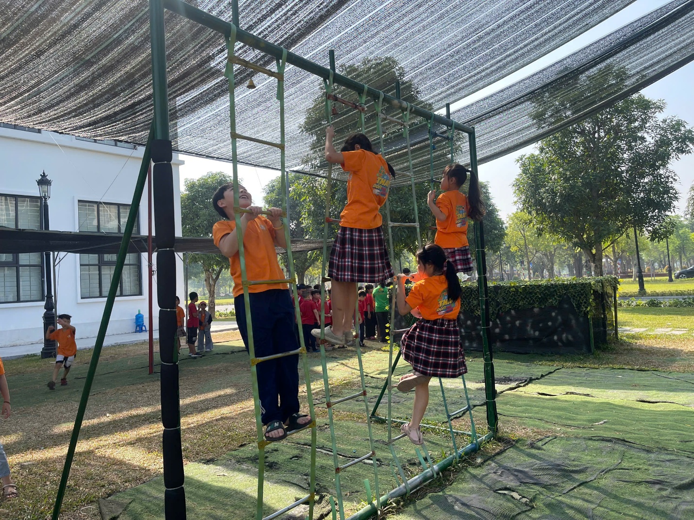 A group of kids climbing on a jungle gym

Description automatically generated