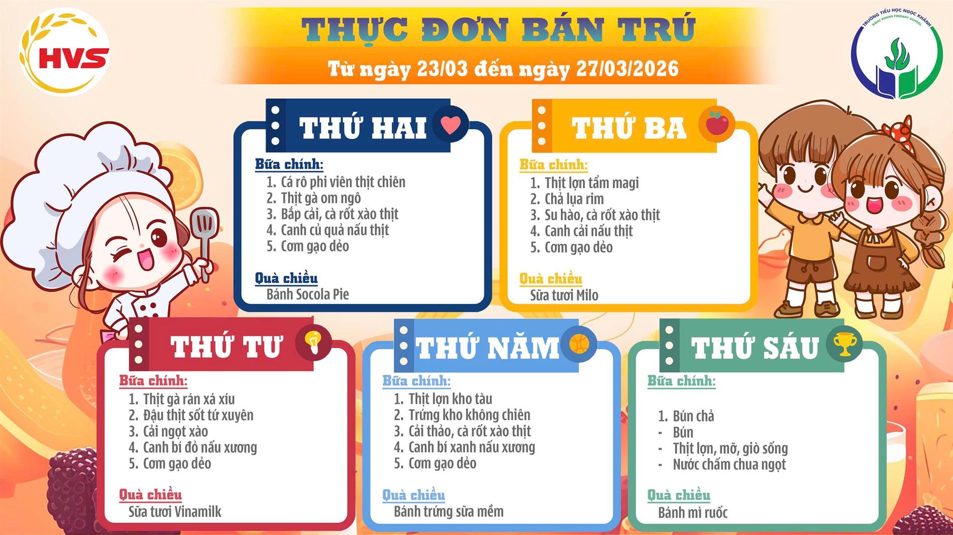 Thực đơn bán trú (Áp dụng từ ngày 23/03/2026 - 27/03/2026)