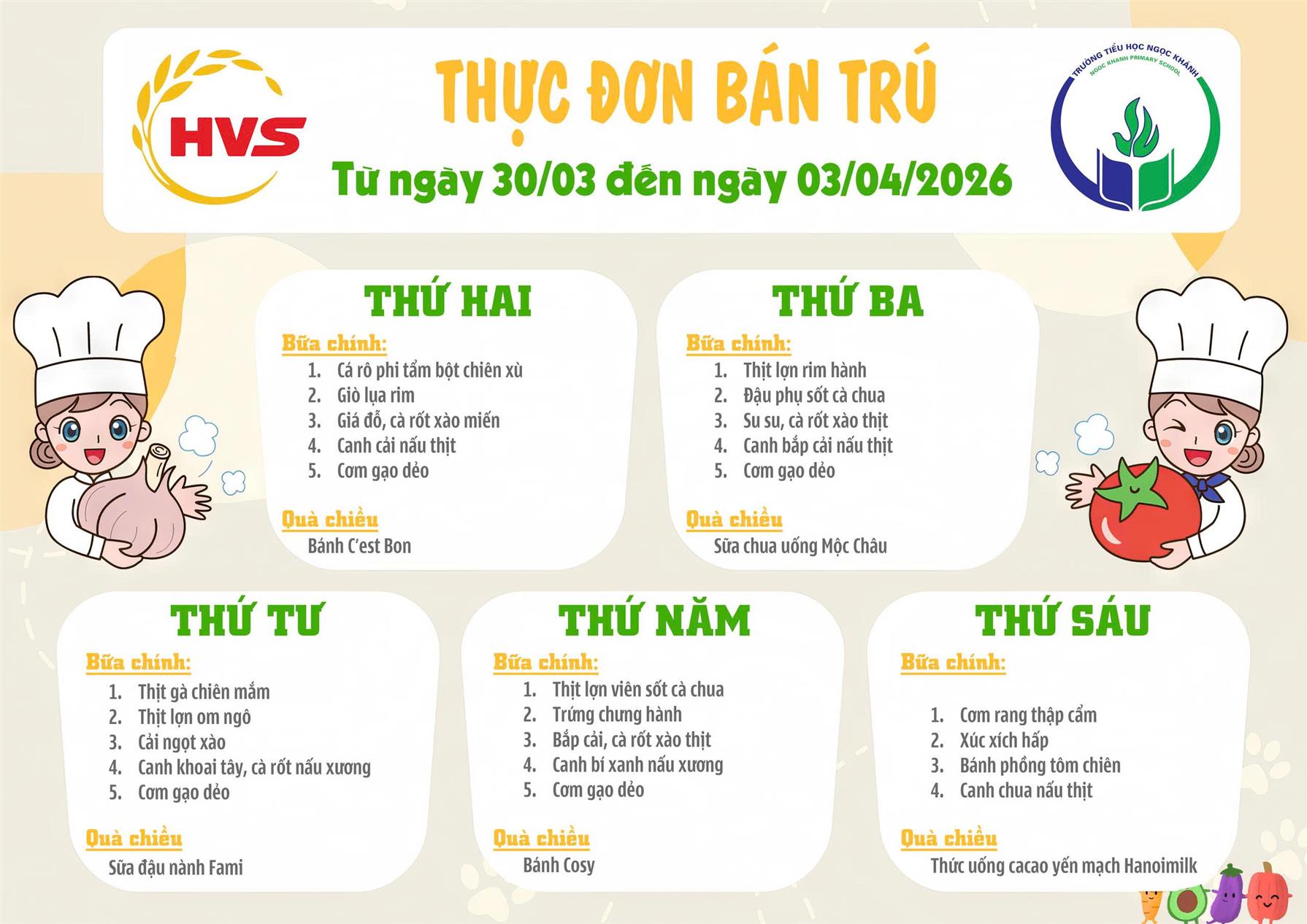 Thực đơn bán trú (Áp dụng từ ngày 30/03/2026 - 03/04/2026)