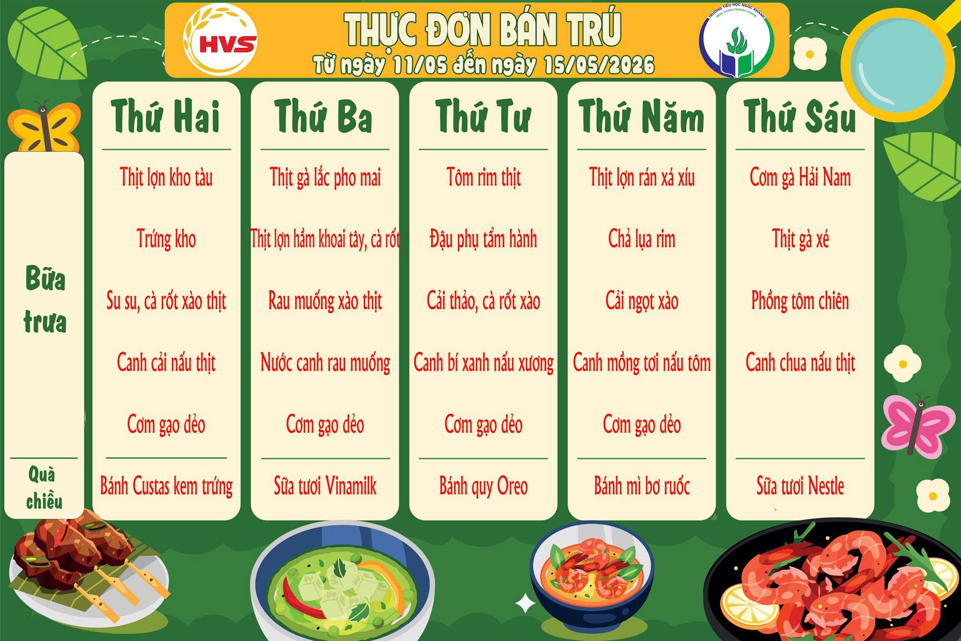 Thực đơn bán trú (Áp dụng từ ngày 11/05/2026 - 15/05/2026)