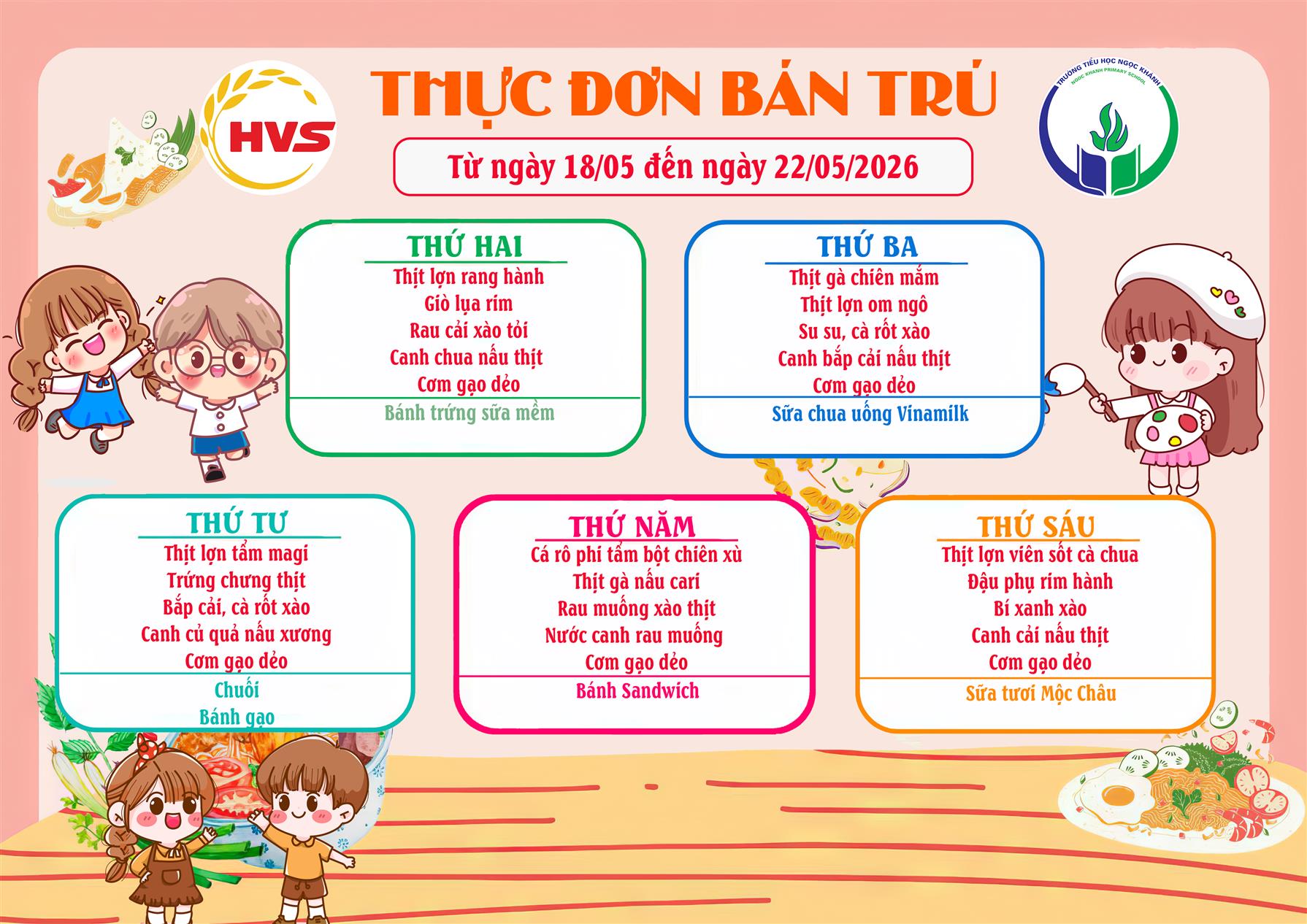 Thực đơn bán trú (Áp dụng từ ngày 18/05/2026 - 22/05/2026)